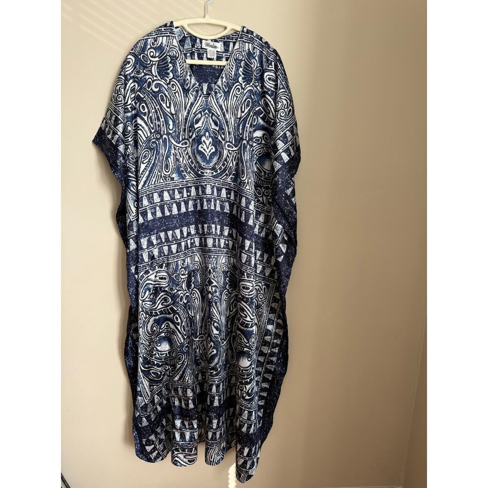 Vintage 80s Navy Baroque Print Kaftan Maxi‎ OSFM Resort Goddess